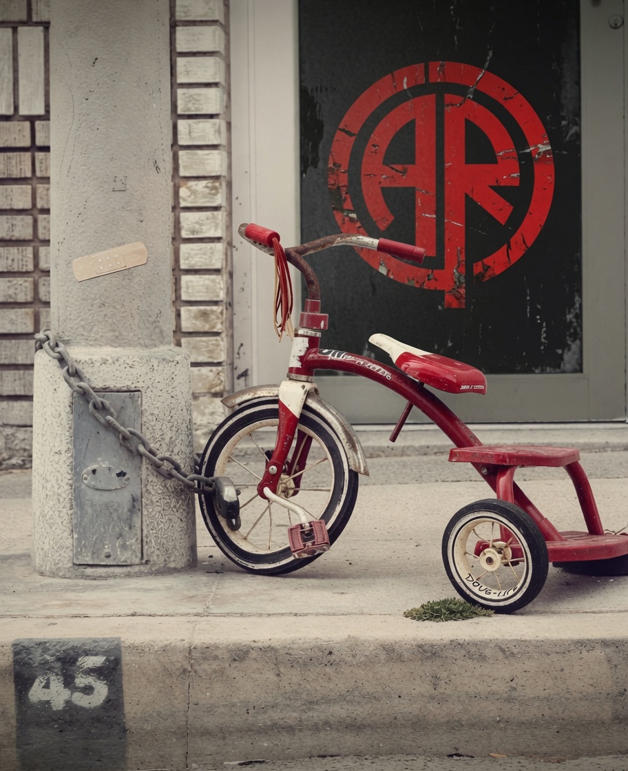 A red-chained tricycle parked before a weathered A&R emblem painted on a storefront