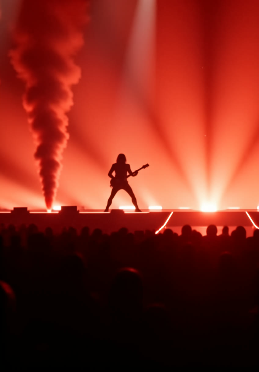 AARON silhouetted on stage with guitar against a wall of red light
