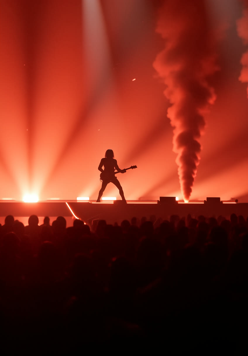 ROBYN silhouetted mid-riff against red stage light